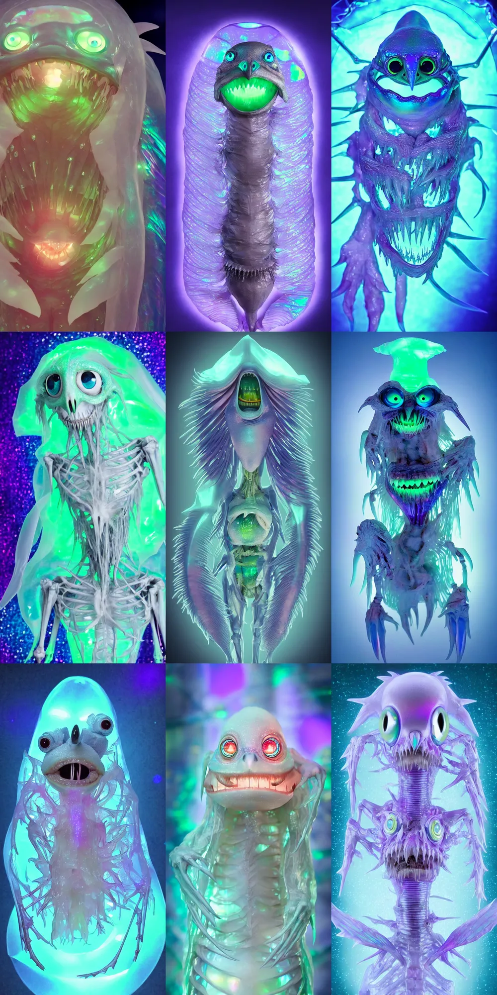 Prompt: kawaii image of a silly scifi saliva skeksis creature, super adorable, iridescent membranes, gaping gills and baleen, translucent skin shows cute skeletal details in front of dark pastel bokeh lights, eerie, occult, gelatinous with wittle teeth