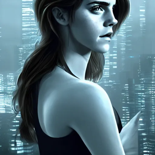 Image similar to Emma Watson, head and shoulders portrait, the background is a huge futuristic city, cyberpunk style futuristic neon lights, artstation cgsociety masterpiece highly-detailed