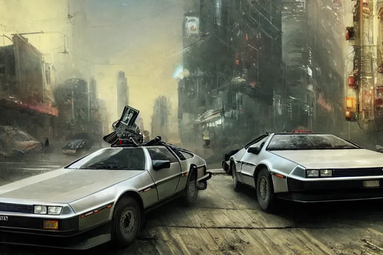 Image similar to photograph of the delorean driving down the streets of a cyberpunk abandoned city, by greg rutkowski, by stanley artgerm, by alphonse mucha