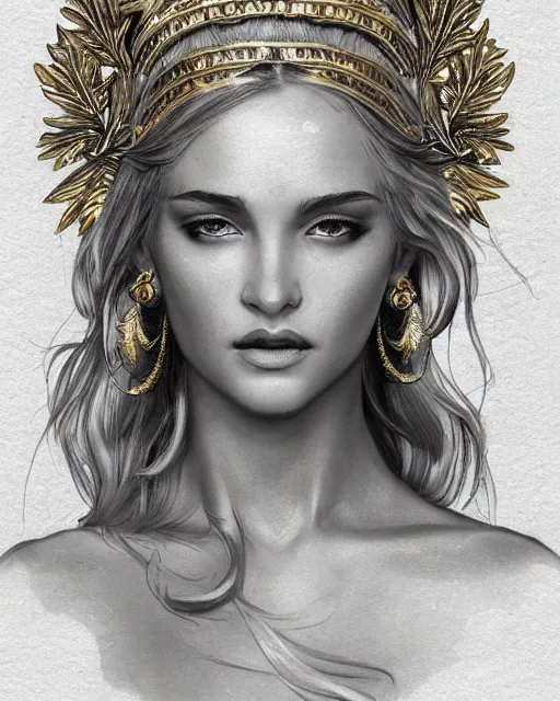 Prompt: tattoo design sketch of cute beautiful blonde super model as aphrodite greek goddess wearing a gold laurel wreath and triangle earrings, beautiful piercing gaze with sharp pupils, in the style of greg rutkowski, fantasy, amazing detail, epic, elegant, smooth, sharp focus, front view