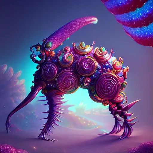 Image similar to candy iridescent creature in candyland, backlit, warm tones, bioluminescent : by michal karcz, daniel merriam, victo ngai and guillermo del toro : ornate, dynamic, particulate, intricate, elegant, highly detailed, centered, artstation, smooth, sharp focus, octane render