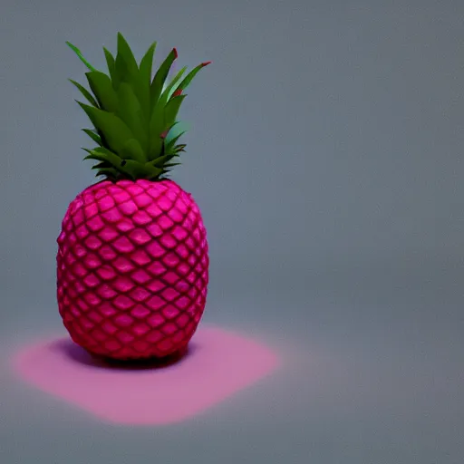 Image similar to 3 d render of a hovering pink pineapple against a pink backdrop with slight sadow underneath ophotorealistic, 4 k, cgsociety, blender, unreal engine 5, sharp details, 3 0 0 dpi