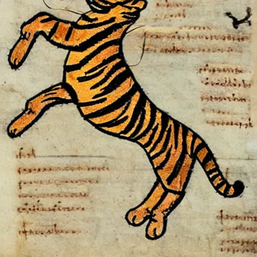 Prompt: bad drawn tiger with many legs flying in a medieval manuscript, medieval manuscript, golden miniatures