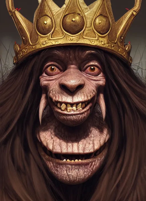 Prompt: highly detailed closeup portrait of a medieval goblin wearing a crown, stephen bliss, unreal engine, greg rutkowski, ilya kuvshinov, ross draws, hyung tae and frank frazetta, tom bagshaw, tom whalen, nicoletta ceccoli, mark ryden, earl norem, global illumination, god rays, detailed and intricate environment