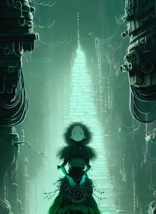 Image similar to highly detailed portrait of a frostpunk long curly white hair tribal lady, stray wiring by atey ghailan, james gilleard, by joe fenton, by greg rutkowski, by greg tocchini, by kaethe butcher, 4 k resolution, gradient green, black and white color scheme!!! ( ( green slime robotic dystopian city background ) )