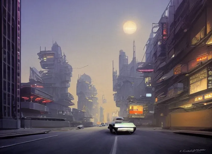 Image similar to a car bu driving down a street next to small buildings the night, cyberpunk art by Chesley Bonestell, cgsociety, retrofuturism, matte painting, reimagined by industrial light and magic