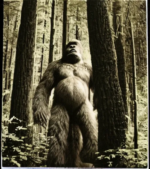 Prompt: photograph of bigfoot captured in forest on polaroid camera, signed by bigfoot in sharpie