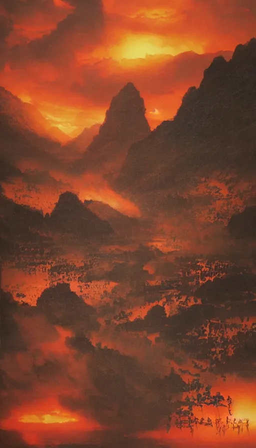 Prompt: kim jong - un's face close up on the apocalypse now poster, red sunset, snake river in the jungle, black helicopters, air brush, oil paint, radiant light, caustics, heroic, bright iridescent light, by gaston bussiere, by bayard wu, by greg rutkowski, by maxim verehin