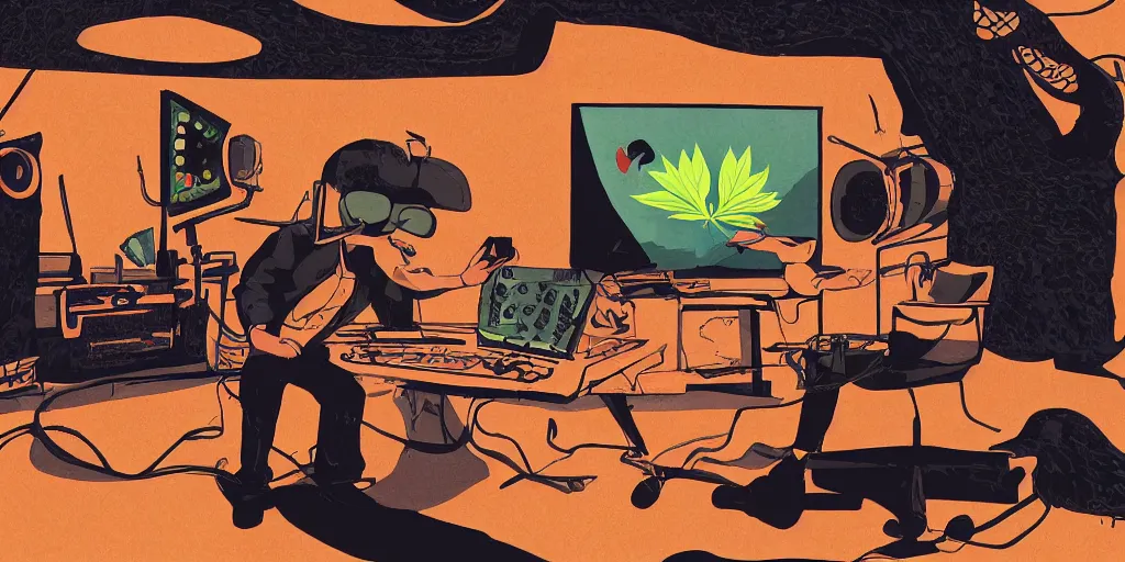 Image similar to 'black chicken'!!!! smoking 'cannabis'!!!!!! in front of 'audio console'!!! and 'multi monitors'!!! 'in a hi-tech tv broadcasting studio'!!!, artwork by James Gilleard