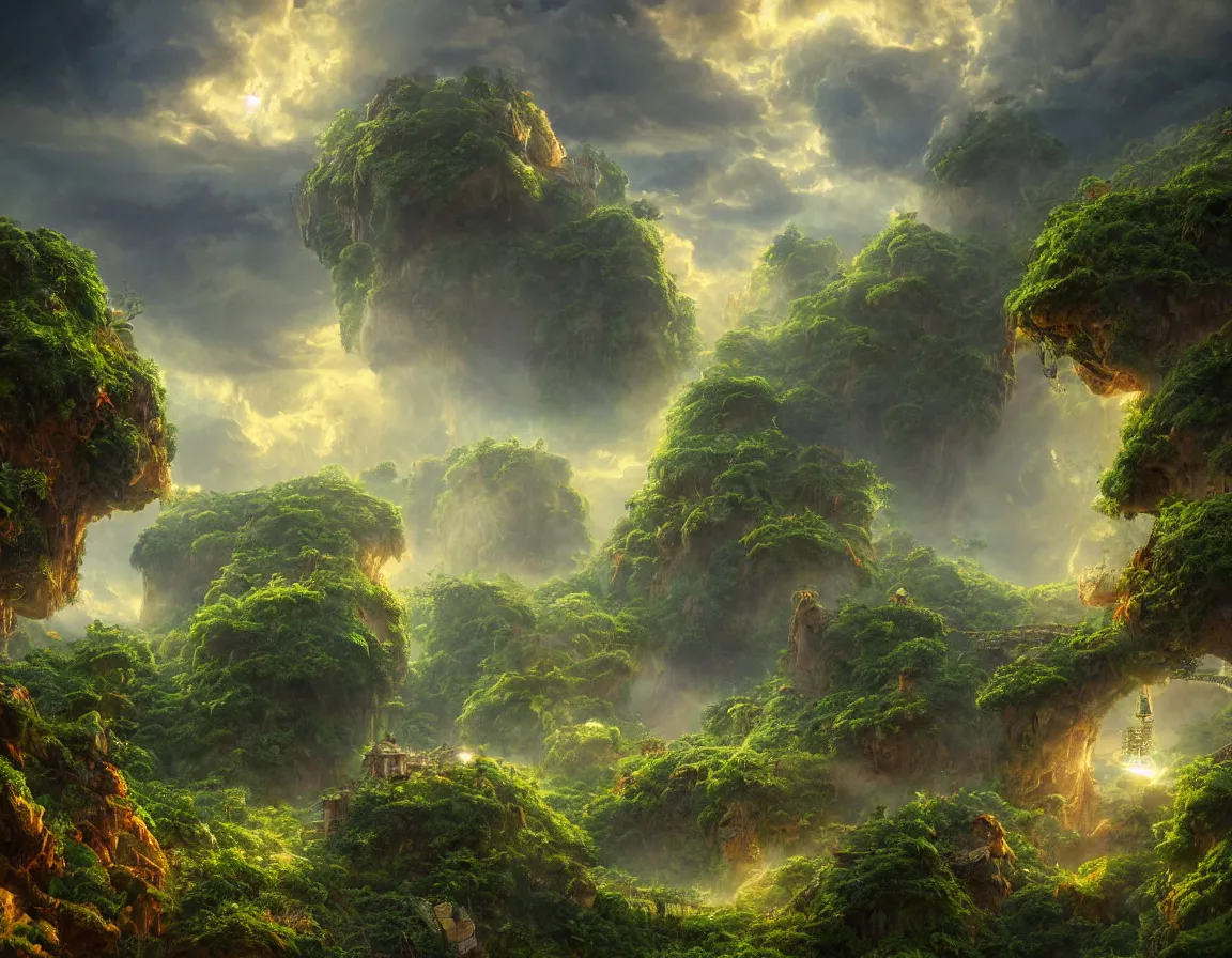 Prompt: very detailed photograph of a disney pixar style steampunk spaceship floating over an elaborate ancient jungle valley with jagged rocks and peaks, misty at sunset with volumetric lighting. sunlit cumulonimbus storm clouds float over. lush foliage, grasses cover the ground. atmospheric haze, radiosity