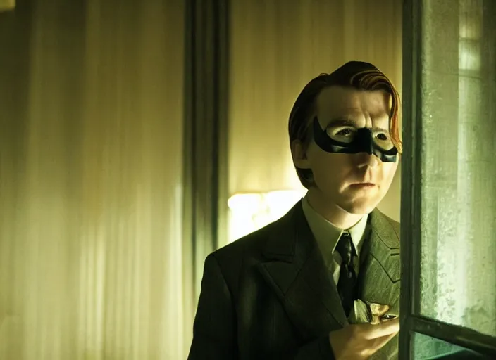 Image similar to film still of Paul Dano as Riddler in The Batman, 4k, dark lighting, film noir, grainy, dark tone