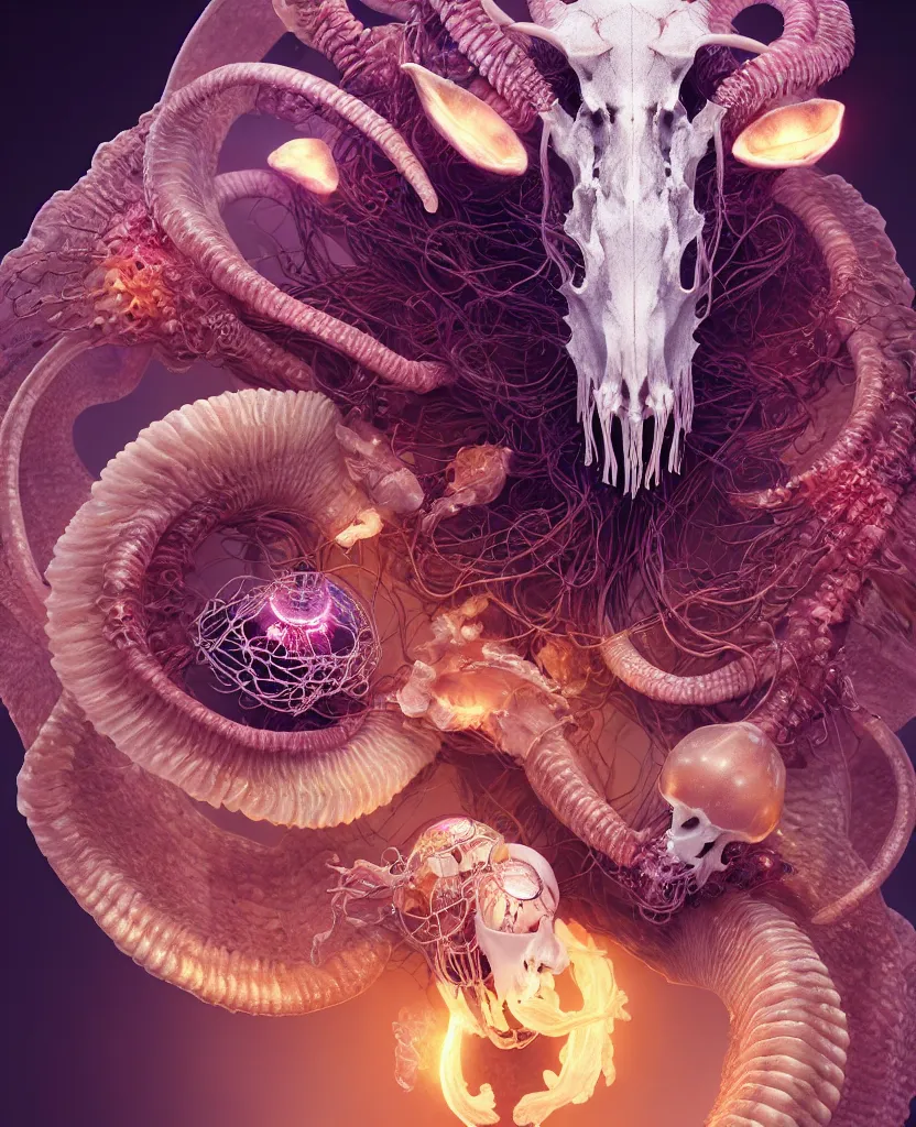 Image similar to goddess close-up portrait goat skull. jellyfish phoenix head, nautilus, orchid, skull, betta fish, bioluminiscent creatures, intricate artwork by Tooth Wu and wlop and beeple. octane render, trending on artstation, greg rutkowski very coherent symmetrical artwork. cinematic, hyper realism, high detail, octane render, 8k