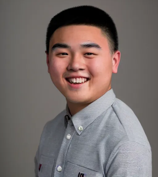 Image similar to a professional portrait of frank zhang, a 1 7 year old chinese - canadian boy with brown eyes, military cut flat top black hair, a warm smile, a chubby, round face, a chubby body, 6'3 height, archer