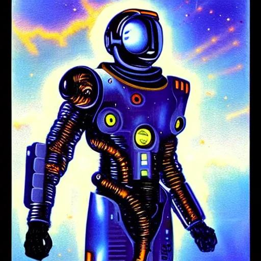 Prompt: futurist cyborg knight, perfect future, award winning art by alan bean, sharp color palette