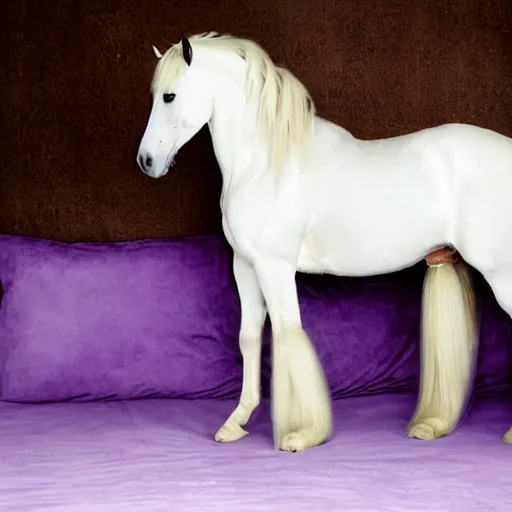 Prompt: boudoir photography of a white mare, purple mane and tail, oversized hindquarters, lying on a white blanket, photography by Annie Leibovitz