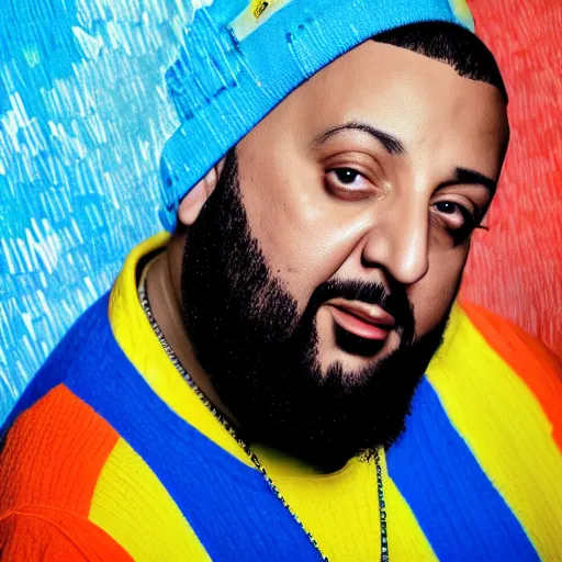 Image similar to ultra detailed portrait photo of dj khaled in a studio, blue, under red and yellow cinematic lighting, by van gogh, cartoon