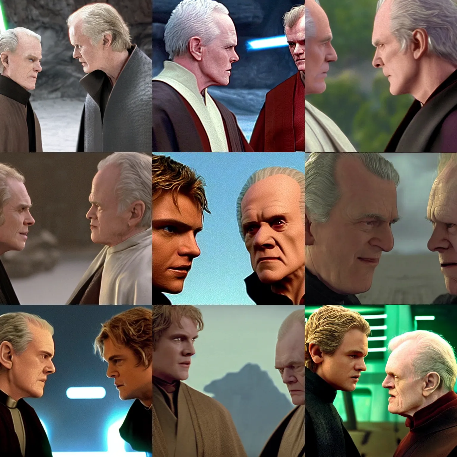 Prompt: movie still from Star Wars: Episode III - Revenge of the Sith of Anakin Skywalker and Chancellor Palpatine looking into each other's eyes romantically