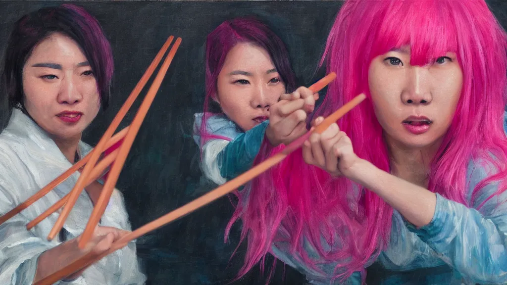 Image similar to asian person with chopsticks fighting a person with pink hair, cinematic, 4 k, oil painting