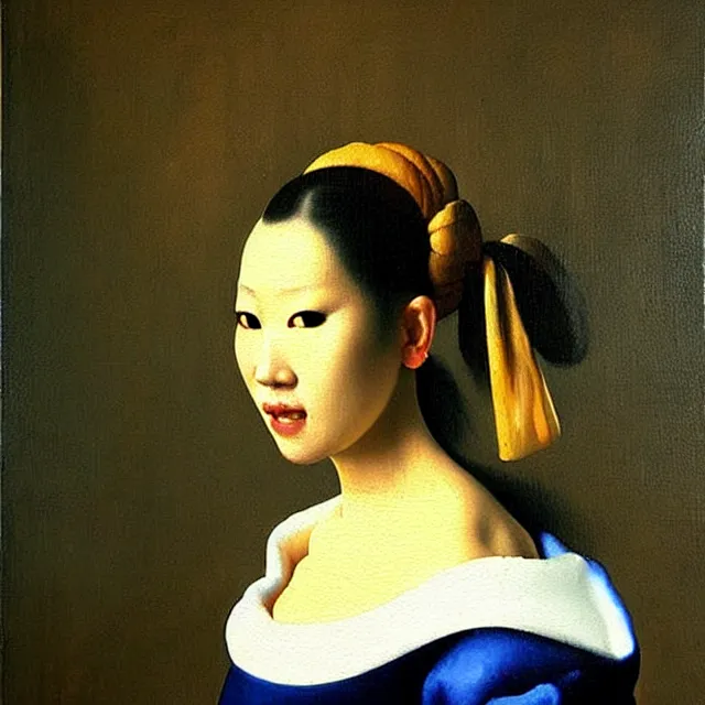 Image similar to a beautiful painting coco lee, by jan vermeer realistic oil painting