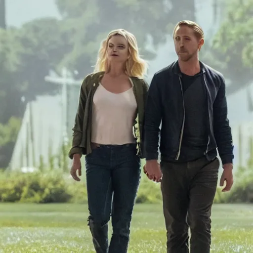 Image similar to still of ryan gosling and margot robbie, walking in human face