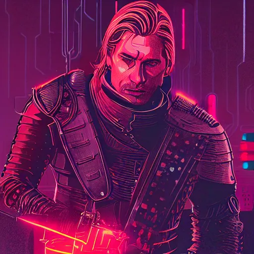 Image similar to jaime lannister and brienne of tarth fighting against a horde of neon zombies, cyberpunk art by james gilleard, cgsociety, retrofuturism, synthwave, retrowave, outrun