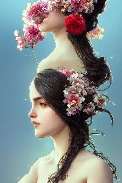 Image similar to ultra realistic illustration, spanish girl with flowers blossoming from helmet, elegant, highly detailed, digital painting, concept art, smooth, sharp focus, illustration, art by artgerm and greg rutkowski and alphonse mucha