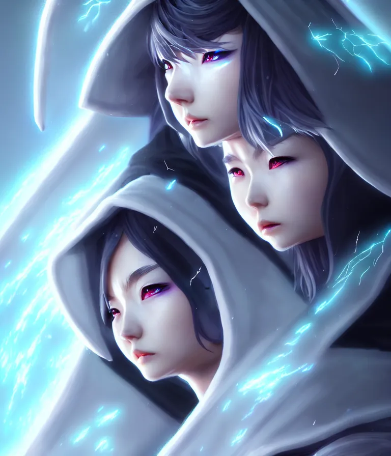 Prompt: female superhero of the rainstorms with shimmering white uniform, cloak and robes and silver hair, lightning and thunderclouds all around, fantasy character concept art in japanese anime style with photorealistic rendering digital painting of the century award octane render artstation hypervivid detailed