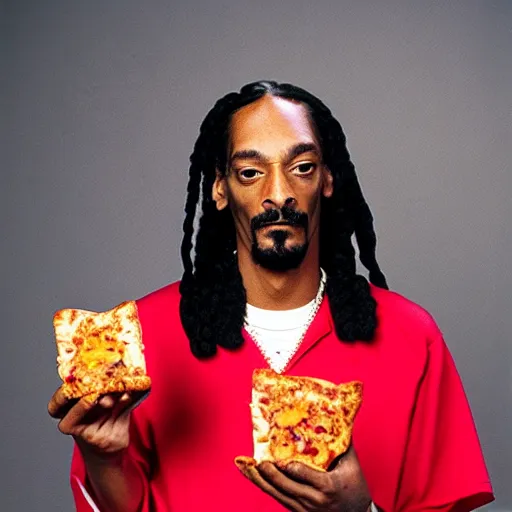 Image similar to Snoop Dogg holding a piece of pizza for a 1990s sitcom tv show, Studio Photograph, portrait, C 12.0