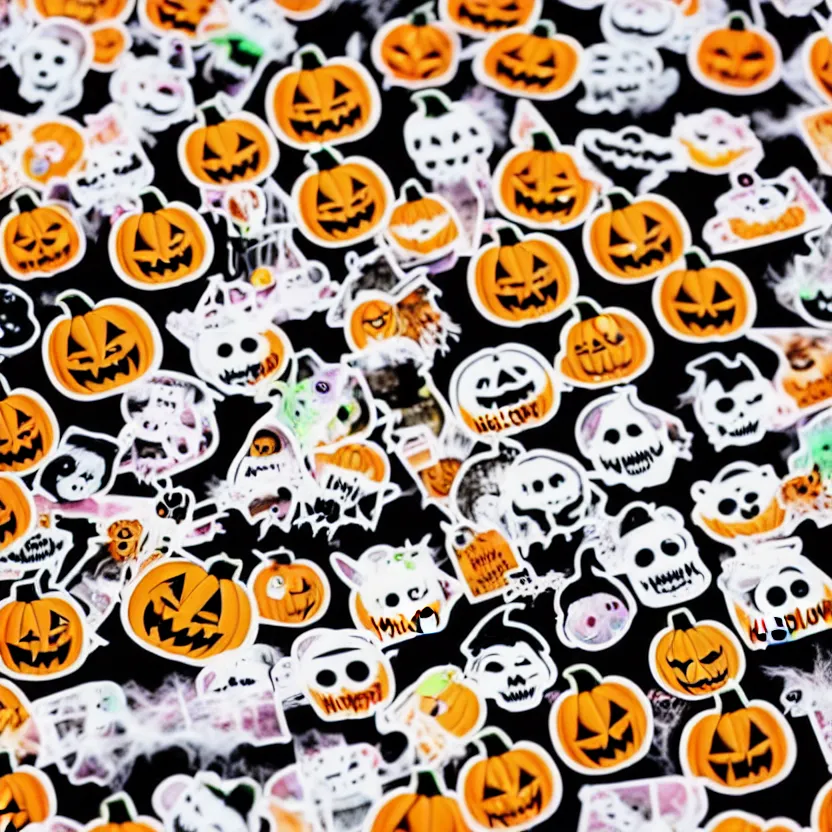 Prompt: a very modern cute up close macro shot of a halloween which cute character face sticker, 4 k, magazine photo, clear background, 8 k,