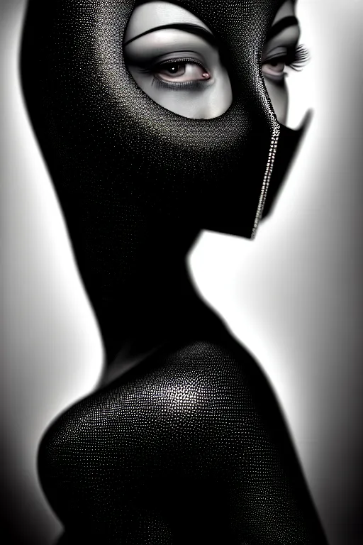 Image similar to portrait of a young beautiful woman with a mask. contemporary photograph, speed painting, fractal, mandelbulb. black and white, black on black. intricate, elegant, super highly detailed, professional digital painting, smooth, extreme illustration, Unreal Engine 5, Photorealism, HD quality, 8k resolution, 3D, beautiful, cinematic, art. art deco, man ray.