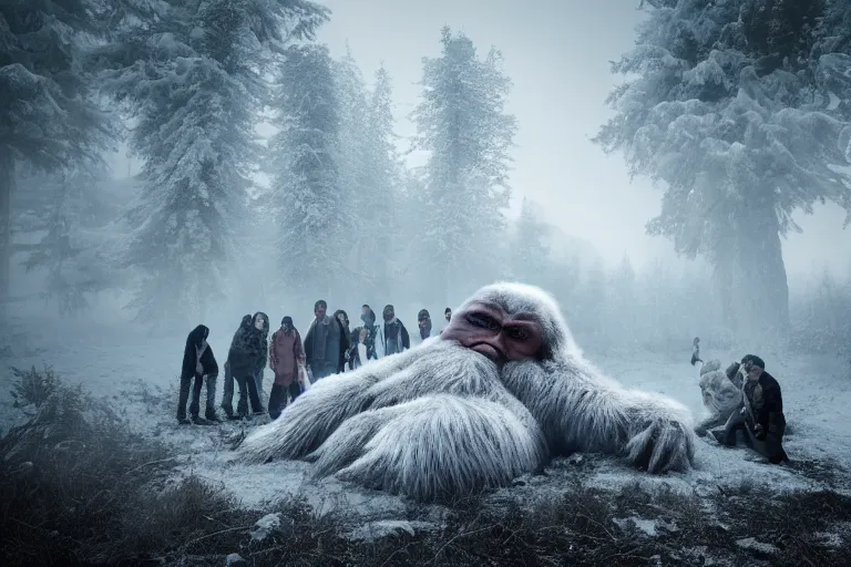 Image similar to photo of people gathering around a giant sleeping yeti, eerie atmosphere, fear, mystery, dramatic, 8 k uhd