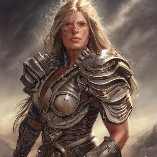 Prompt: epic portrait an muscular armored woman with long flowing hair, detailed, centered, digital painting, artstation, concept art, donato giancola, Joseph Christian Leyendecker, WLOP, Boris Vallejo, Breathtaking, 8k resolution, extremely detailed, beautiful, establishing shot, artistic, hyperrealistic, beautiful face, octane render