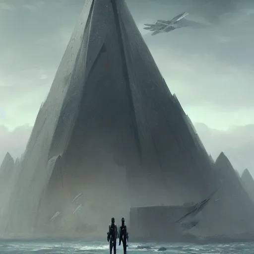 Image similar to star wars concept art by greg rutkowski, a palatial and imposing grey tall triangular pyramid tech tower emerging from the sea in the middle of a ocean landscape, enigmatic atmosphere, beautiful and cinematic lighting, artstation hq.