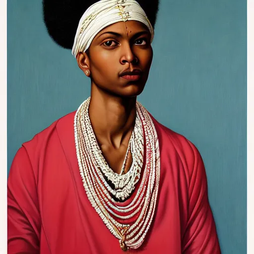 Image similar to A portrait of a skinny trendy and enchanting non-binary person, light skin tone, Indian, oil painting by Kehinde Wiley, majestic, detailed, high resolution