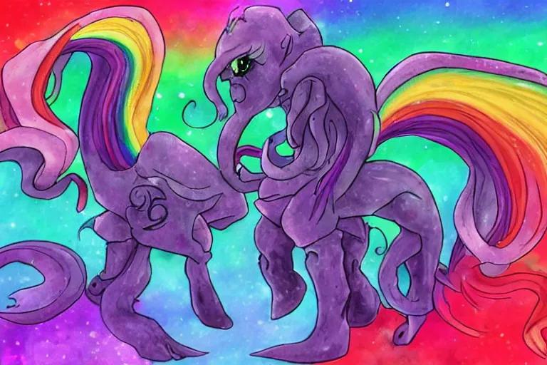 Prompt: Cthulhu-style rainbow pony in the universe