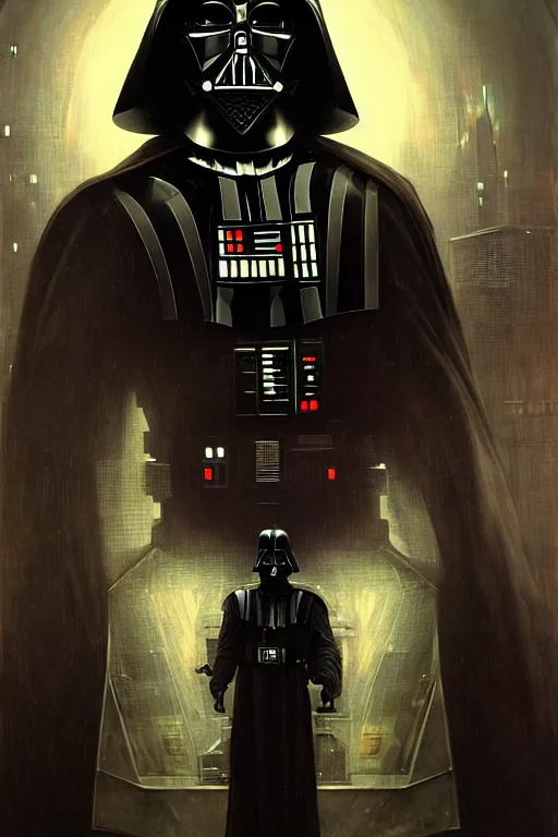 Prompt: hyperrealist cyberpunk portrait of darth vader, it is decorated with long computer wires and computer monitors in the cyberpunk office background. by jeremy mann and alphonse mucha, fantasy art, photo realistic, dynamic lighting, artstation, poster, volumetric lighting, very detailed faces, 4 k, award winning