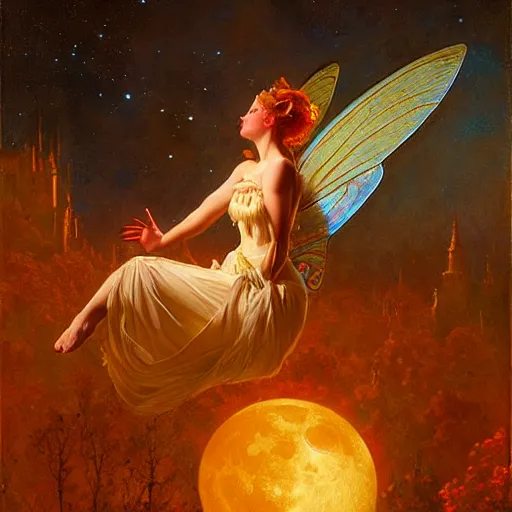 Prompt: attractive fairy magically floating high in the night, fantasy, full moon in background. highly detailed painting by gaston bussiere, craig mullins, j. c. leyendecker, sharp focus, 8 k