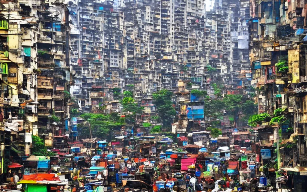 Image similar to streets of mumbai, future, mossy buildings