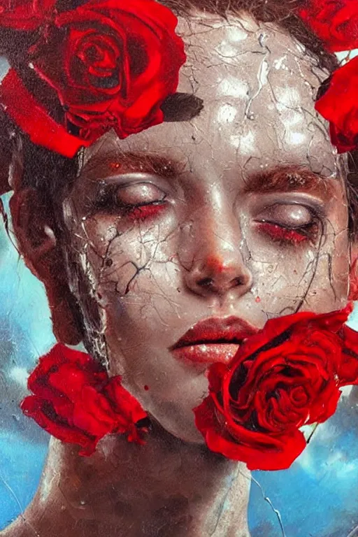 Image similar to oil painting, close-up, hight detailed, melting cyborg face with red roses everywhere at red planet, in style of 80s sci-fi art, neodada