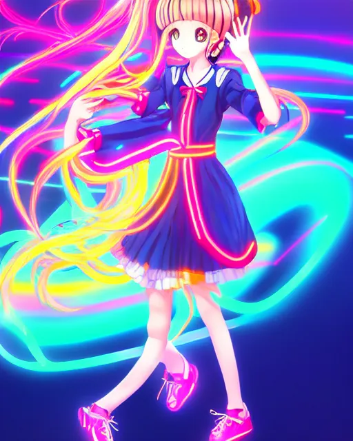 Image similar to anime style, vivid, expressive, full body, 4 k, painting, a cute magical girl idol with a long wavy colorful hair wearing a colorful dress, correct proportions, stunning, realistic light and shadow effects, neon lights, studio ghibly makoto shinkai yuji yamaguchi