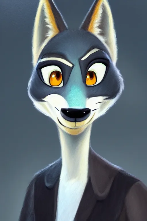 Image similar to oil painting of anthromorphic female wolf, in style of zootopia, female fursona, furry, furaffinity, 4 k, deviantart, furry art, fursona art, wearing black business suit, business suit, wolf fursona, female, very expressive detailed feminine face,