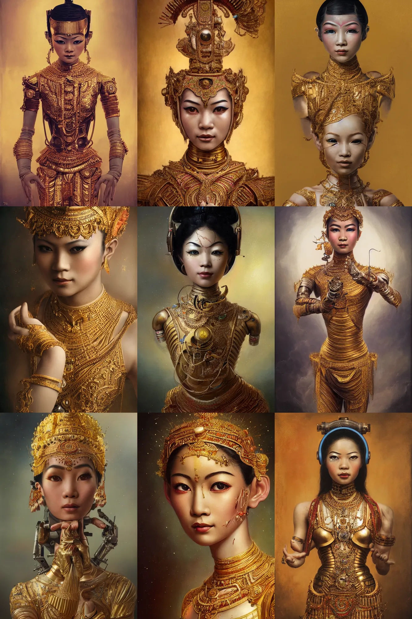 Prompt: a beautiful ultradetailed vintage photo of a cyborg classical thai dancer, by tom bagshaw and anna dittman, portrait, 2 4 mm lens, golden ratio composition, detailed face, studio photography, very detailed, humanoids, industrial robots, artstation, 8 k, highly coherent