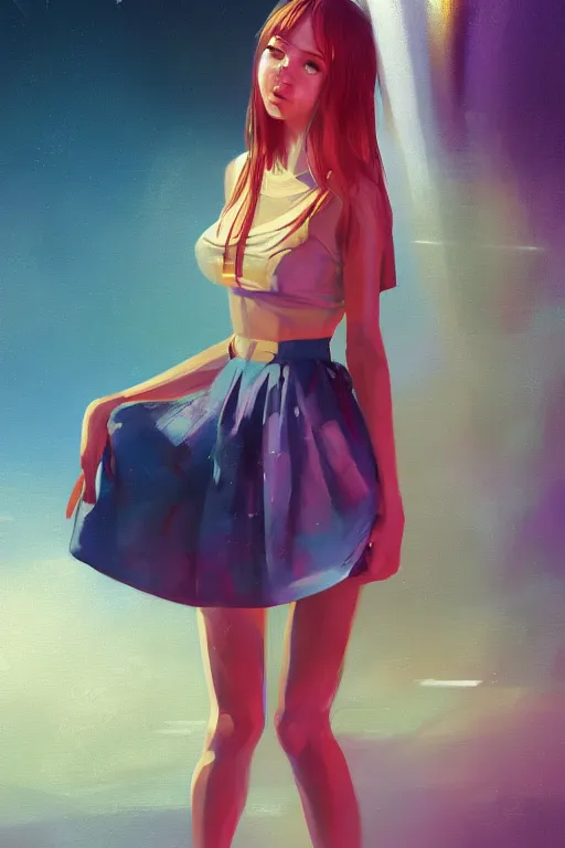 Prompt: digital art of a beautiful girl wearing a mini skirt in a brutalist spaceship, expressive oil painting, by wlop, by artgerm, by dan mumford, anime style, octane render, full body shot