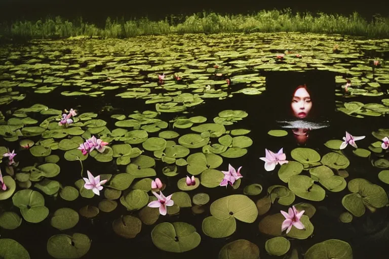 Image similar to hyperrealistic dark colour photograph of a woman's face floating in a pond, surrounded by a forrest of lillies, deep focus, intricate, elegant, highly detailed, matte, sharp focus, photography by bill henson