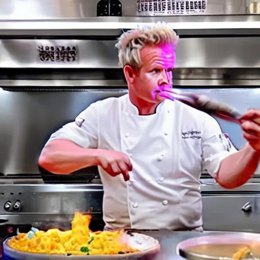 Image similar to hyper real Gordon Ramsey cooking a unicorn in kitchen 4k