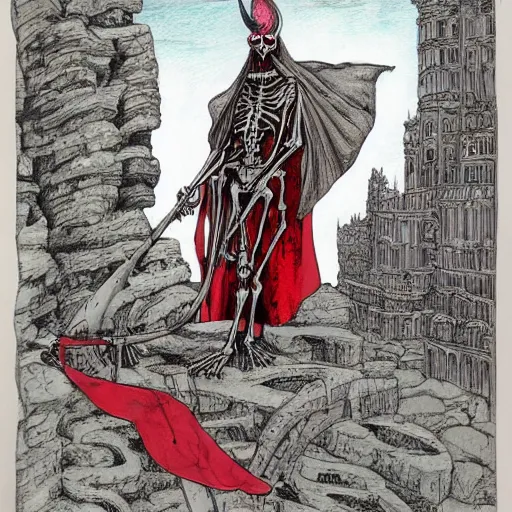 Prompt: A beautiful mixed media art of a horned, red-eyed, skeleton-like creature, with a long black cape, and a staff with a snake wrapped around it, standing in front of a castle atop a cliff. in the USA, Ancient Roman by Charles Robinson, by Terada Katsuya mood, delicate