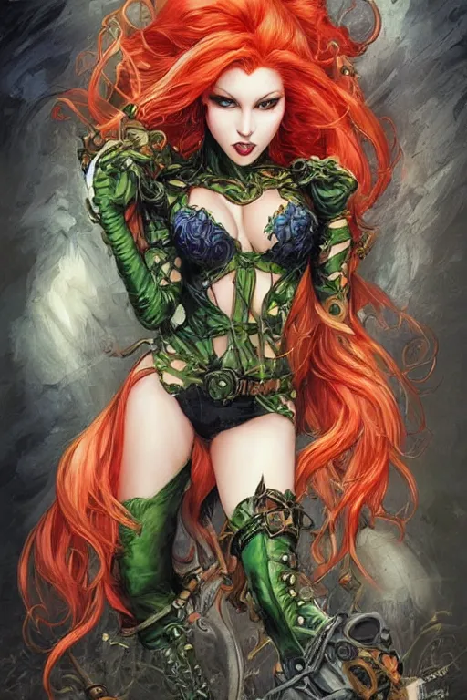 Image similar to portrait from back of sensual Poison Ivy as in DC Comics, very beautiful young woman, ginger wavy hair, Intricate, steampunk imagery themed, D&D!, fantasy style, sharp focus!, ultra detailed, art by Artgerm and Peter Andrew Jones, WLUP