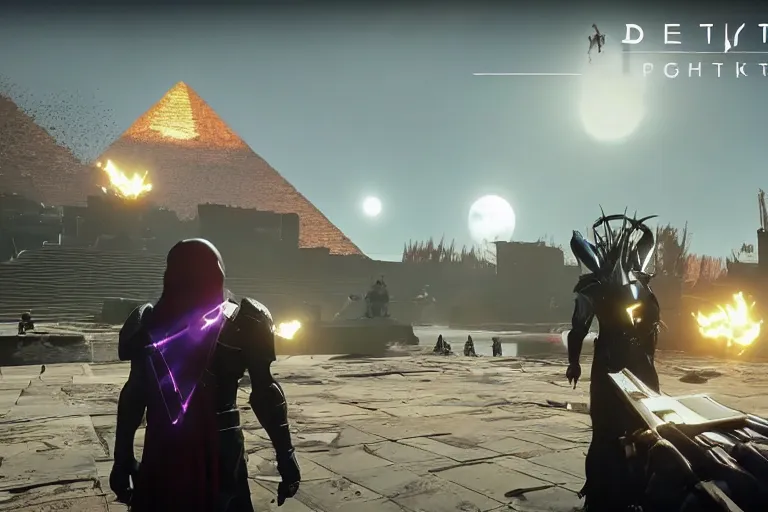 Prompt: destiny 2 lightfall expansion, the pyramids, the darkness, the light, dark guardians, gameplay footage, screenshot, ign article gameplay walkthrough still image, youtube video