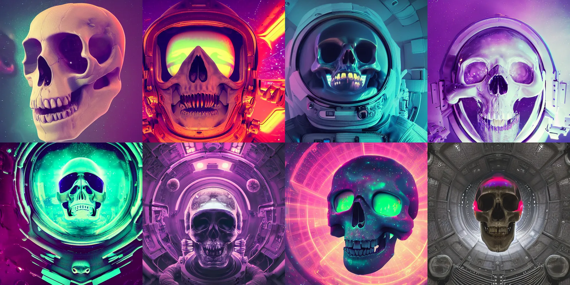 Image similar to astronaut skull, cosmic horror, abstract, ghostly, arcade, duotone, poltergeist, epic lighting, intricate, elegant, highly detailed, smooth, sharp focus, unreal engine 5, raytracing, in the style of beeple and mike winkelmann, ultraviolet colors,