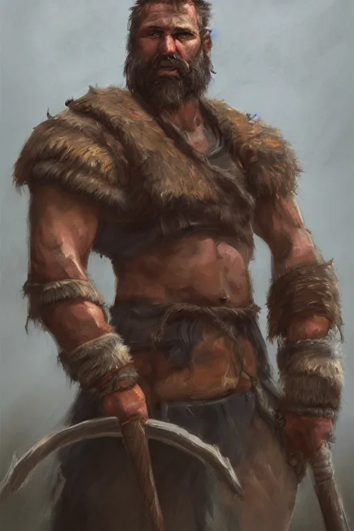 Image similar to a full body fantasy portrait oil painting illustration of a single rugged stoic barbarian man by Justin Sweet with face and body clearly visible, d&d, rpg, forgotten realms, artstation trending, high quality, sombre mood, artstation trending, muted colours, no crop, entire character,